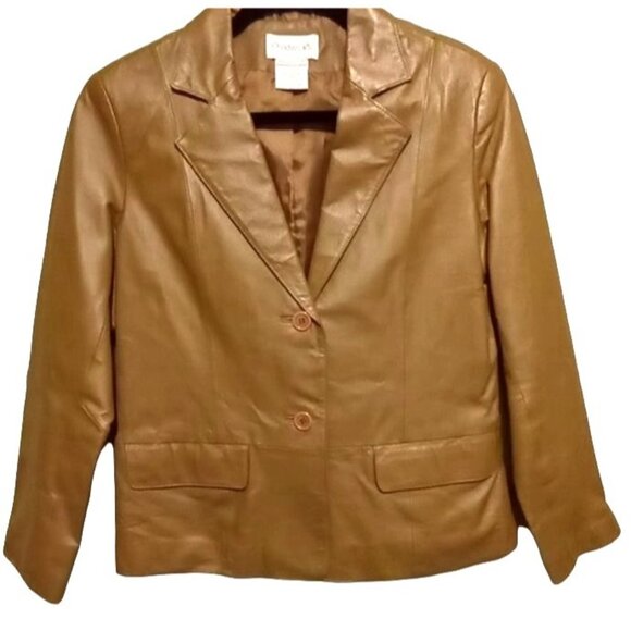 Preppy Chic Tan Brown Leather Blazer Size 6P Minimalist Timeless Vintage 90s - Picture 1 of 5